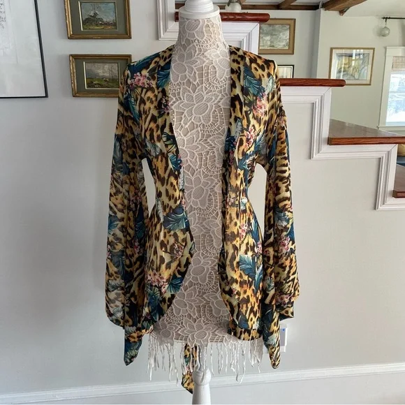 ASOS Chiffon Kimono Wide Sleeves Tie Front Animal Print NWT Sz 0 - Picture 3 of 8